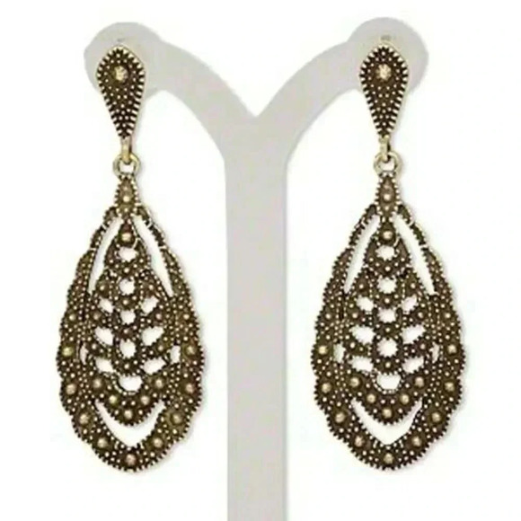 Antiqued Brass Pewter Victorian Steamounk Filigree Teardrop 60mm Dangle Earrings - Picture 1 of 1